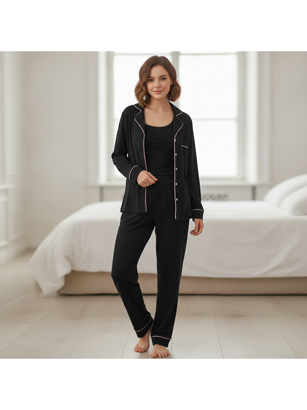 Kadın Giyim Elastanlı Kumaş Uzun Kollu Siyah Renk Pijama Takımı Bb2669-3