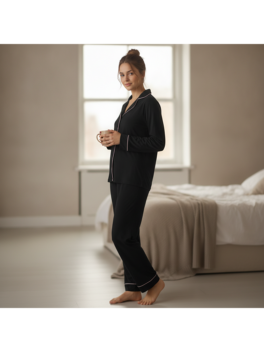 Kadın Giyim Elastanlı Kumaş Uzun Kollu Siyah Renk Pijama Takımı Bb2669-4