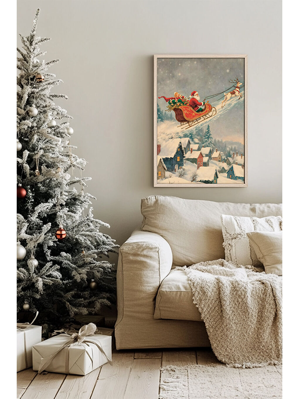 Beyaz Tek Parça Gerçek Ham Ahşap Çerçeveli Yılbaşı(New Year) Temalı Tablo - Model 6 - NWYEARSNGMDL6-5070-1