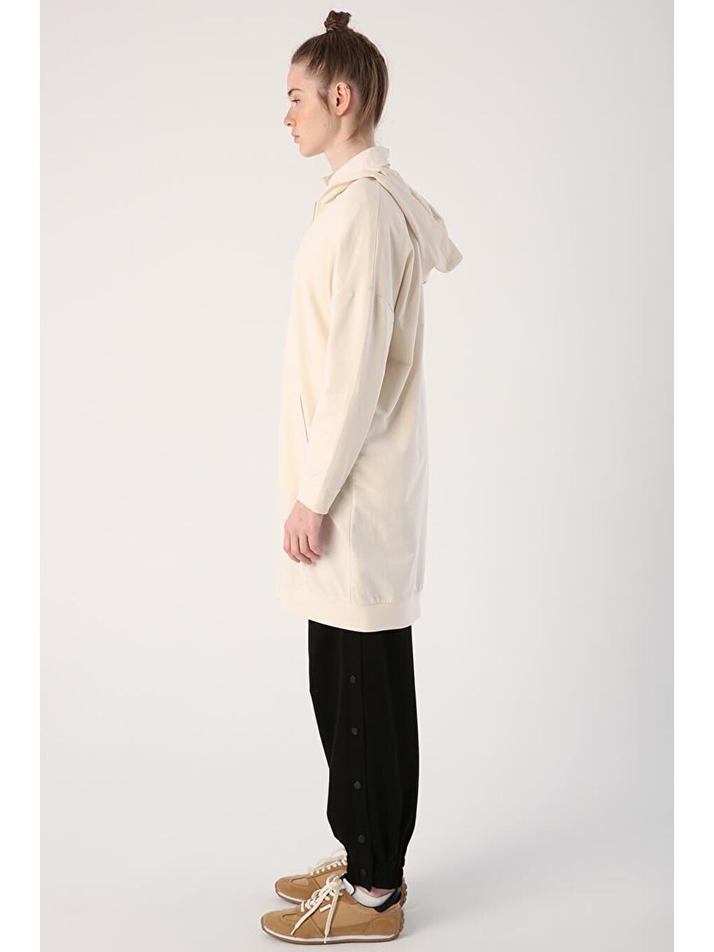 Ekru Kapüşonlu Fermuarlı Sweat Hırka-2