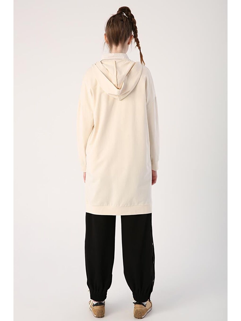 Ekru Kapüşonlu Fermuarlı Sweat Hırka-3