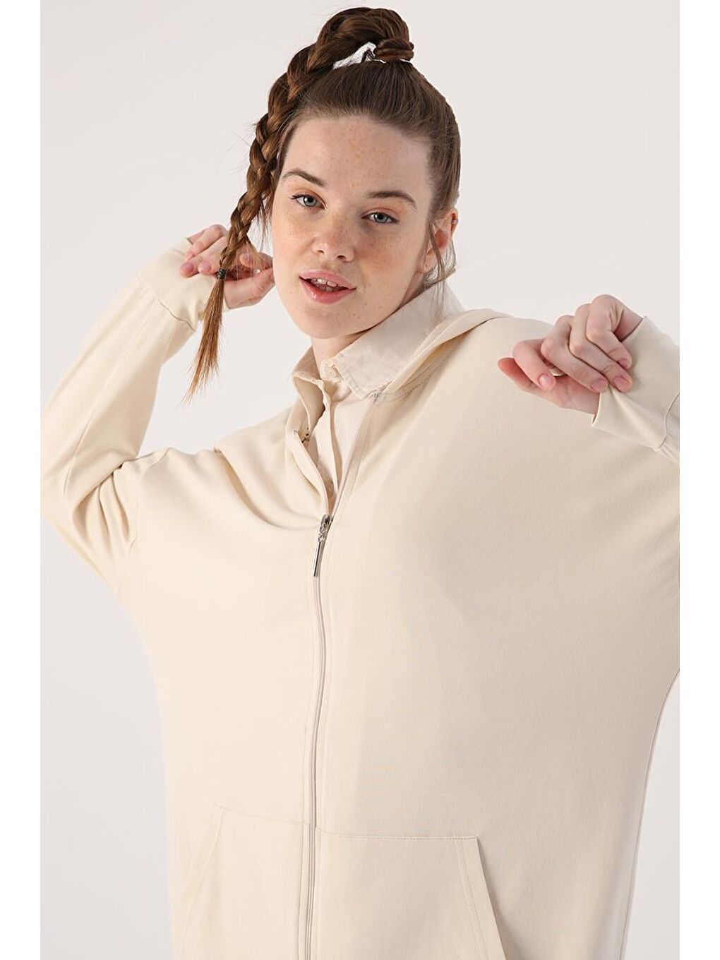 Ekru Kapüşonlu Fermuarlı Sweat Hırka-4