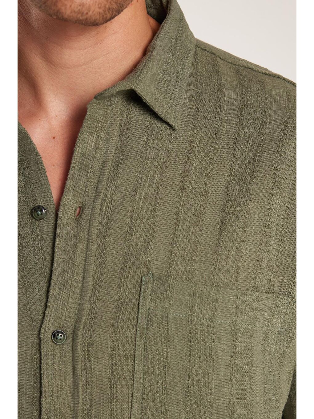 Erkek Relax Fit Premium Seri Pamuklu Keten Kısa Kollu Cepli Spor Yaka Haki Gömlek-2