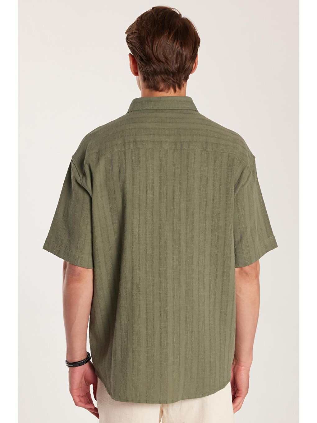 Erkek Relax Fit Premium Seri Pamuklu Keten Kısa Kollu Cepli Spor Yaka Haki Gömlek-4