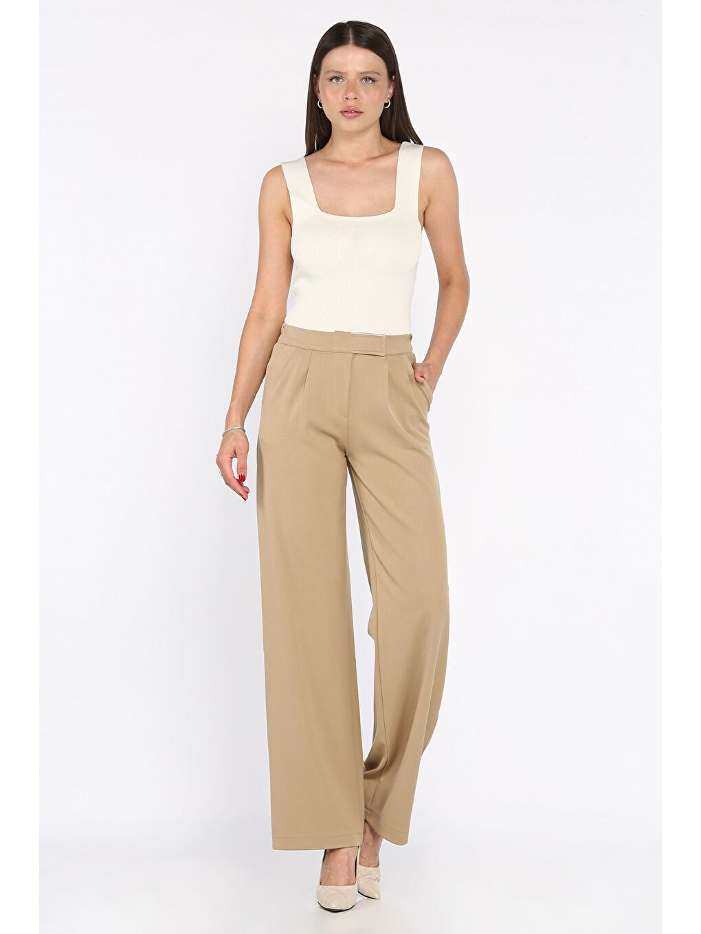 Bej Kadın Bel Lastikli Cırtlı Palazzo Pantolon-1