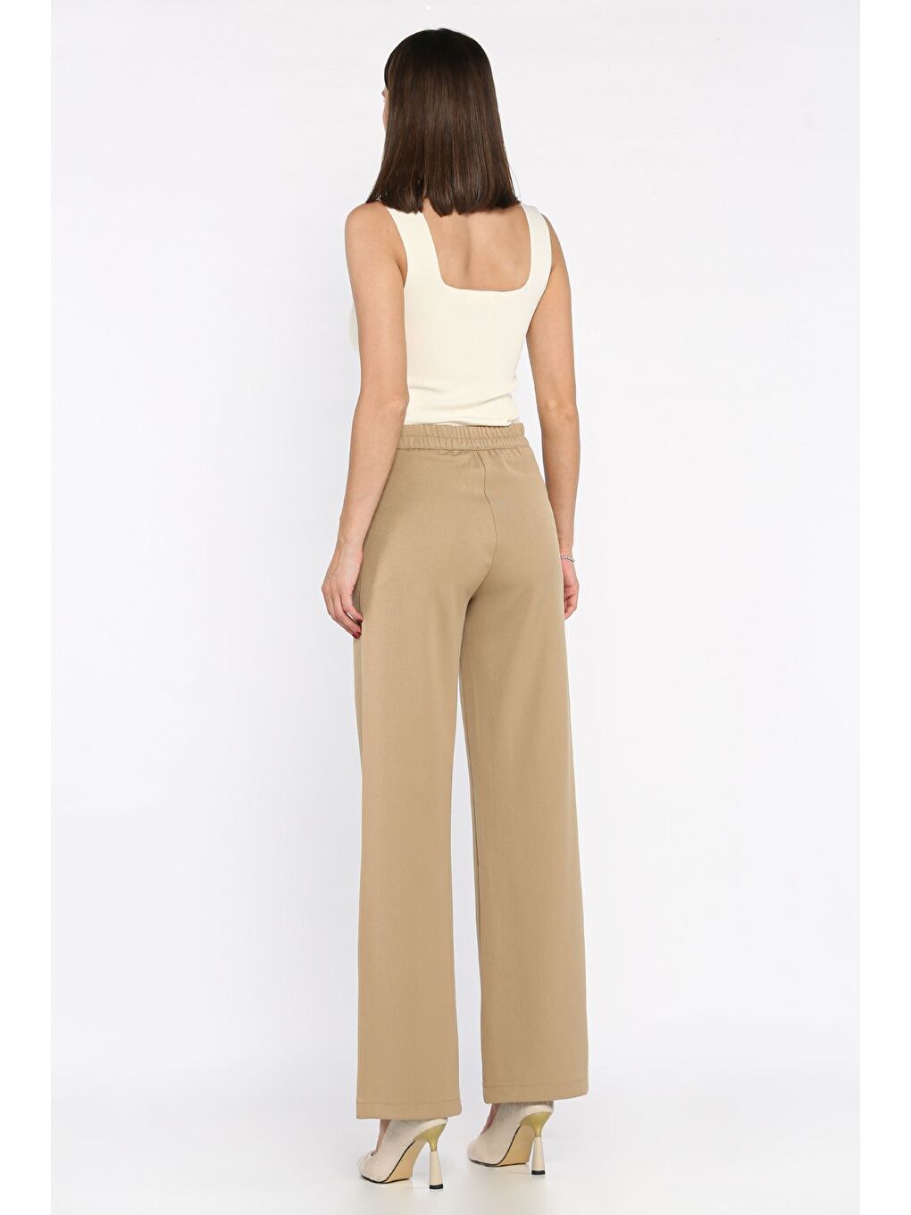 Bej Kadın Bel Lastikli Cırtlı Palazzo Pantolon-2