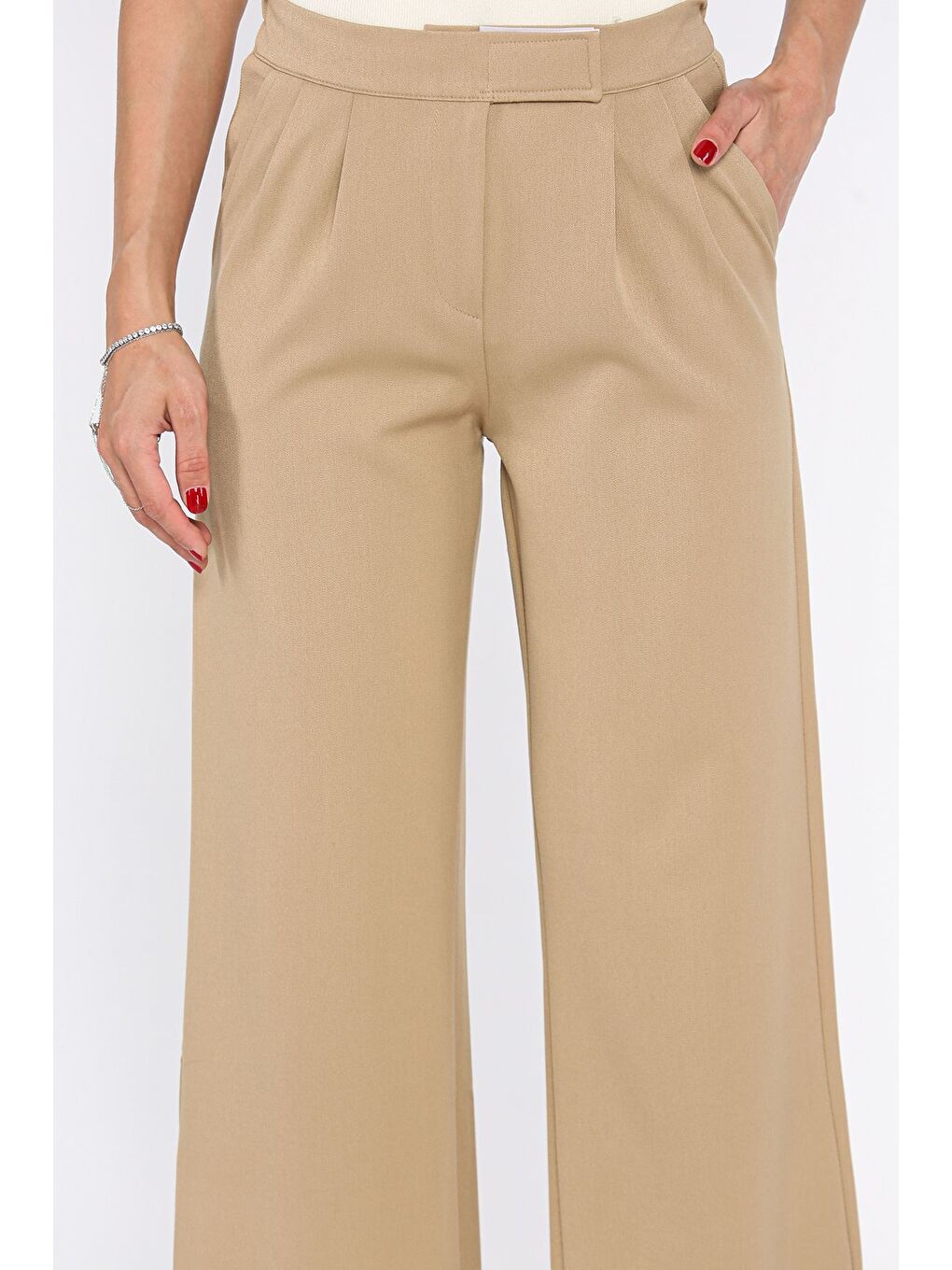 Bej Kadın Bel Lastikli Cırtlı Palazzo Pantolon-3