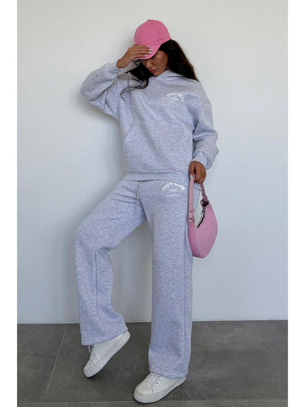 Beyaz Karmelanj Kapüşonlu Baskılı Kadın Eşofman Takımı Mg2524-2