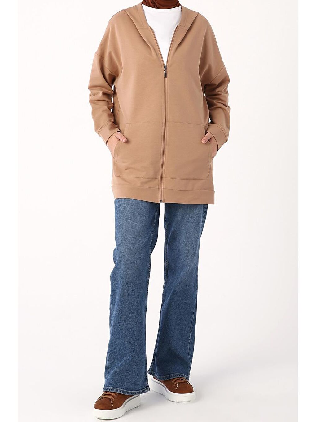 Kahverengi Bisküvi Kapüşonlu Fermuarlı Sweat Hırka-1