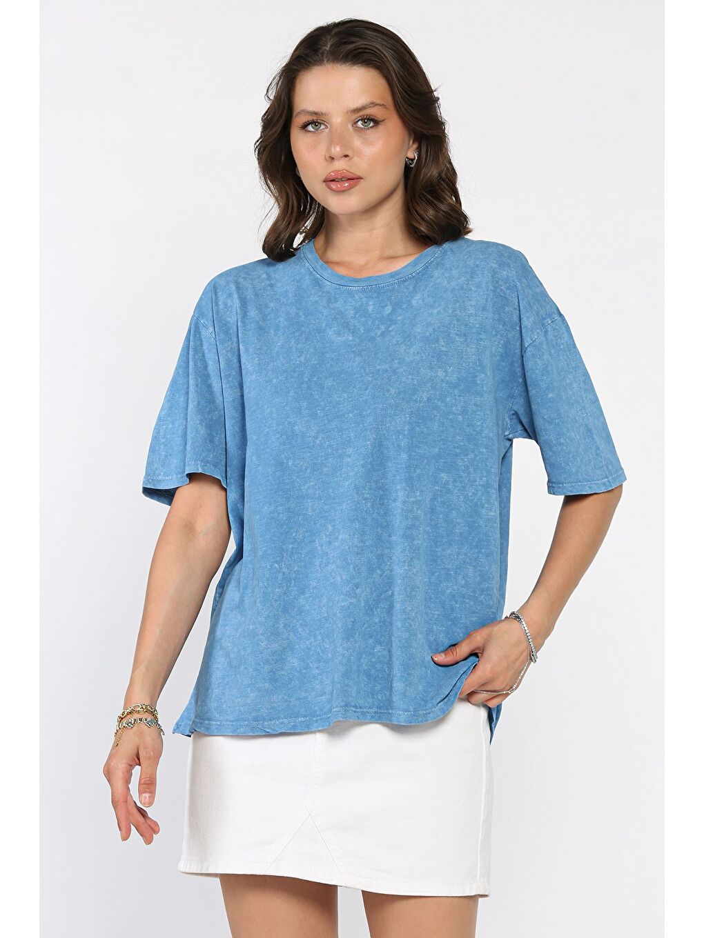 İndigo Kadın Bisiklet Yaka Oversize Tişört-1