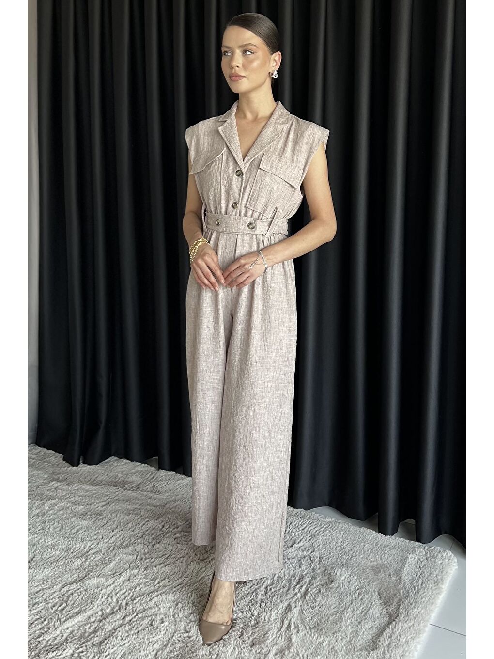 Bej Bel Lastikli Kemerli Keten Tulum