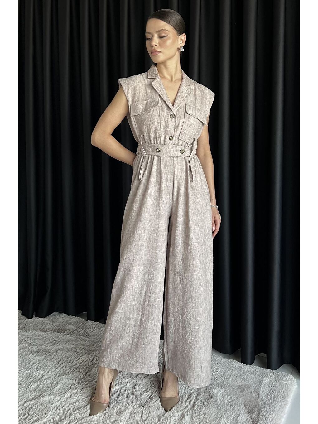 Bej Bel Lastikli Kemerli Keten Tulum-1