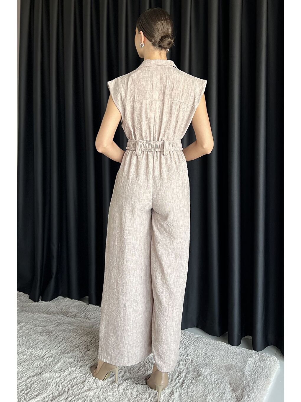 Bej Bel Lastikli Kemerli Keten Tulum-2