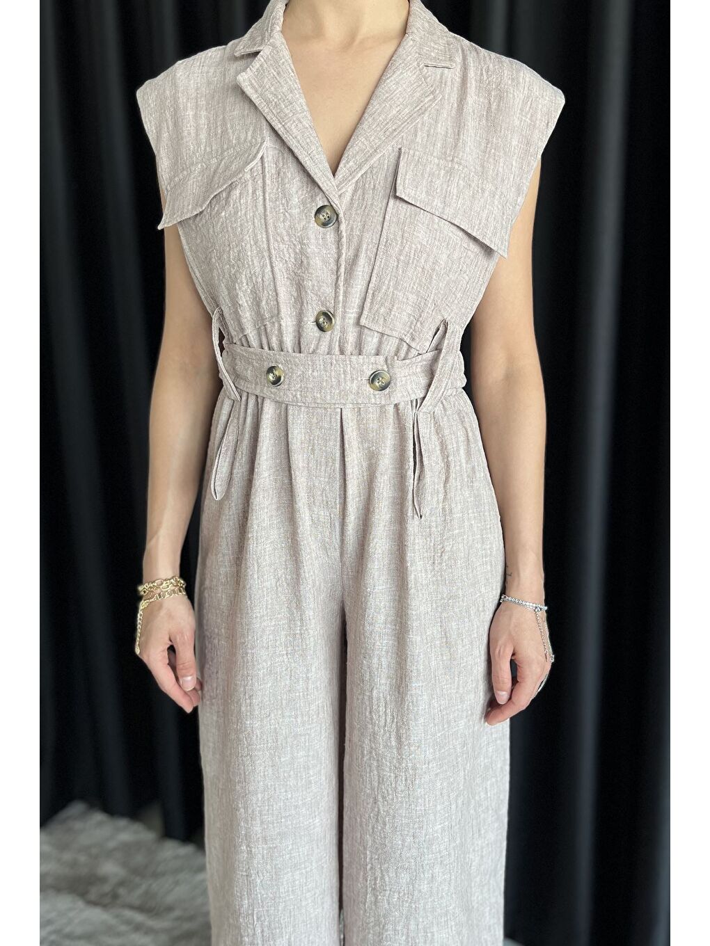 Bej Bel Lastikli Kemerli Keten Tulum-3