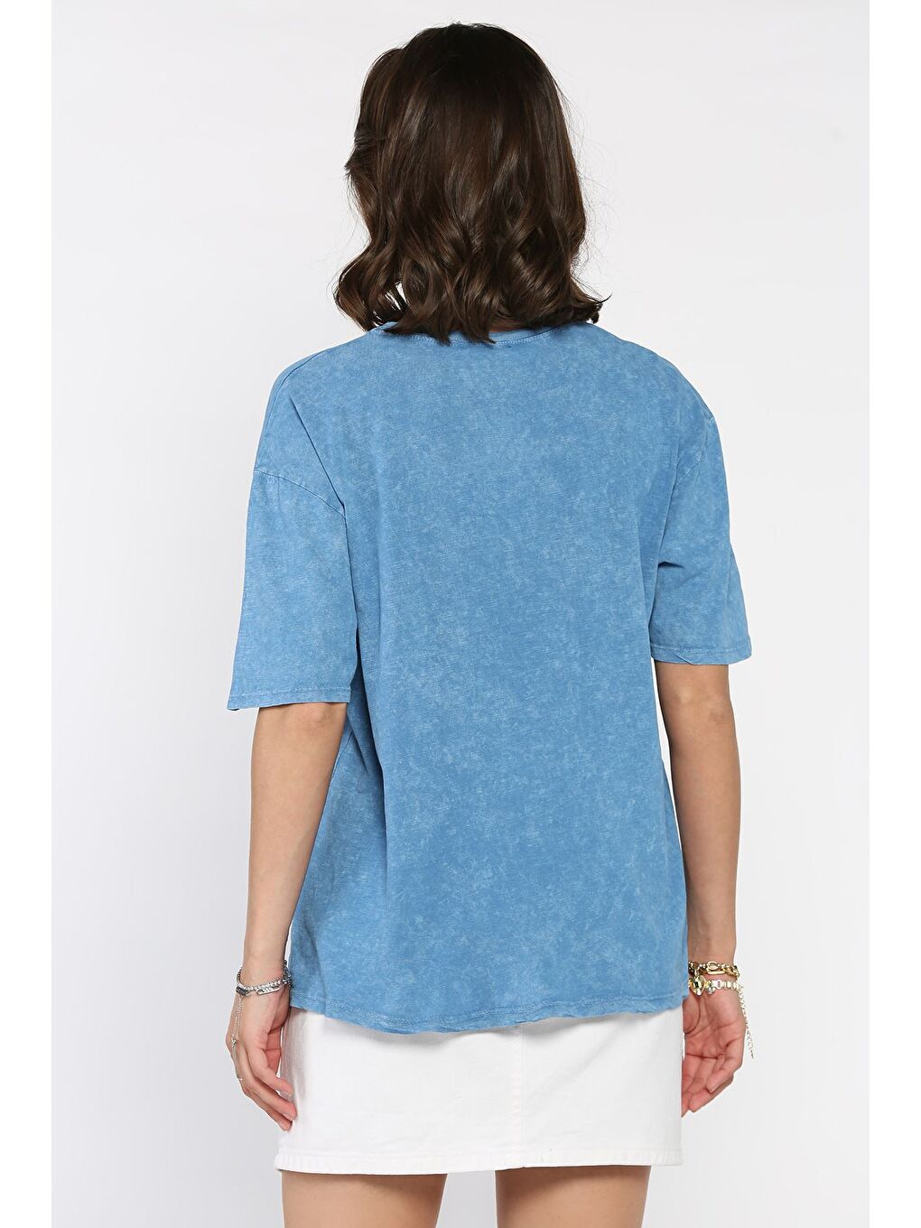 İndigo Kadın Bisiklet Yaka Oversize Tişört-2