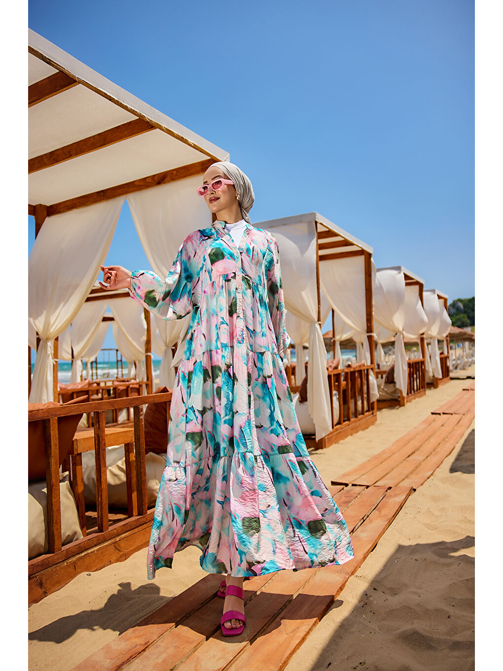 Kadın Karışık Desen Elbise Mavi-1