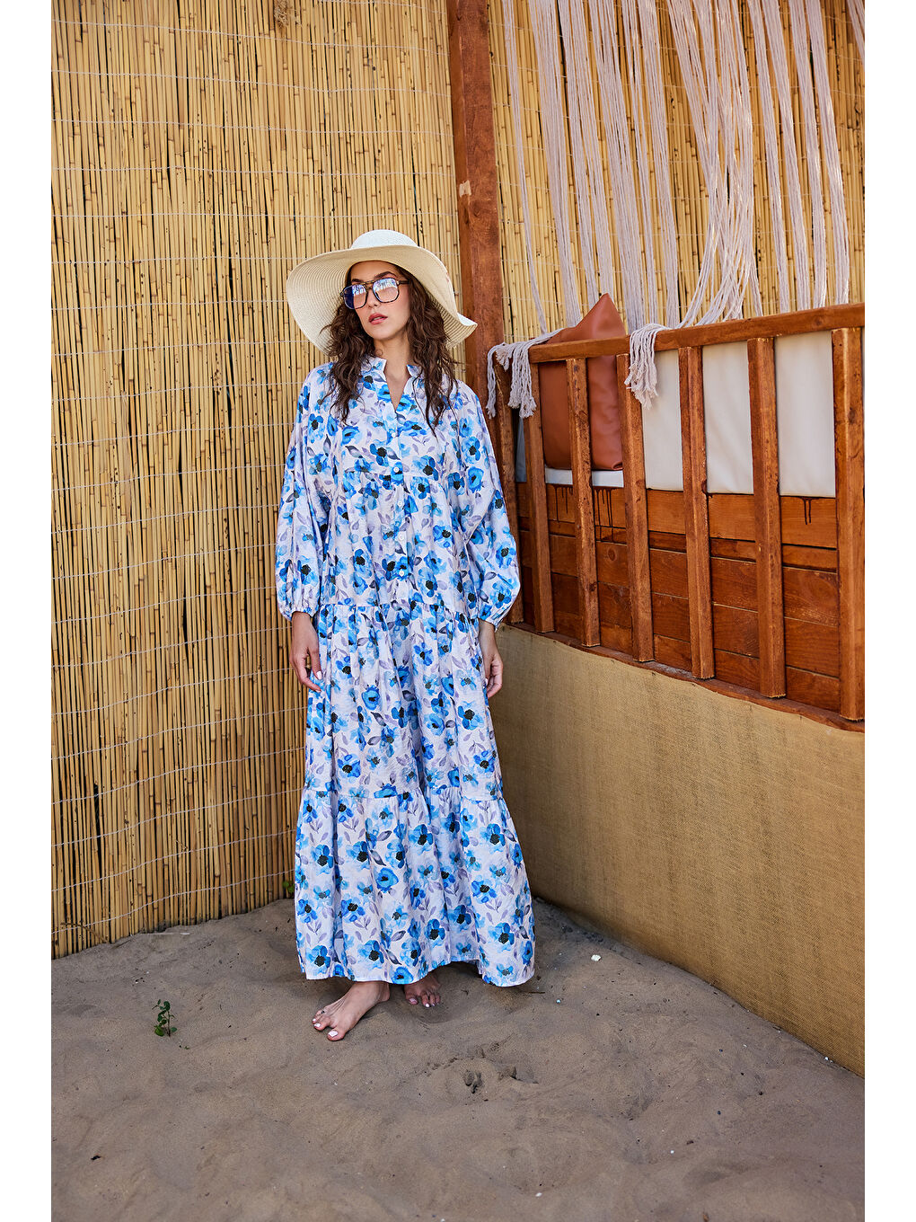 Kadın Etnik Çicek Desenli Elbise Mavi-1