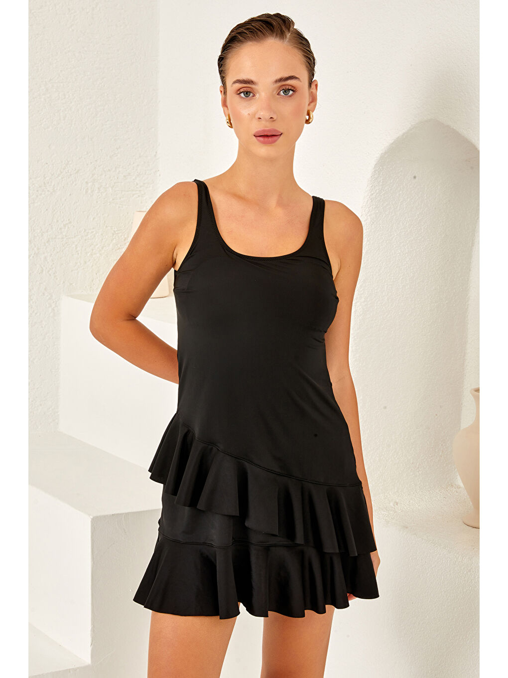 Sıfır Kol Mayo Yüzücü Etekli Mayo 3267 Siyah