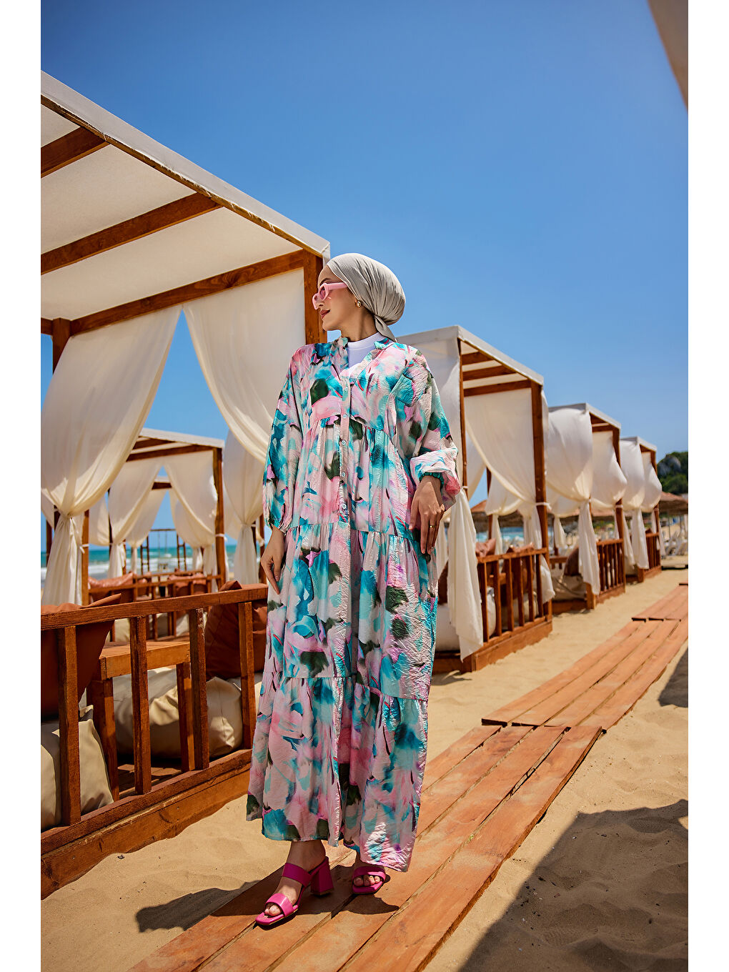 Kadın Karışık Desen Elbise Mavi-2