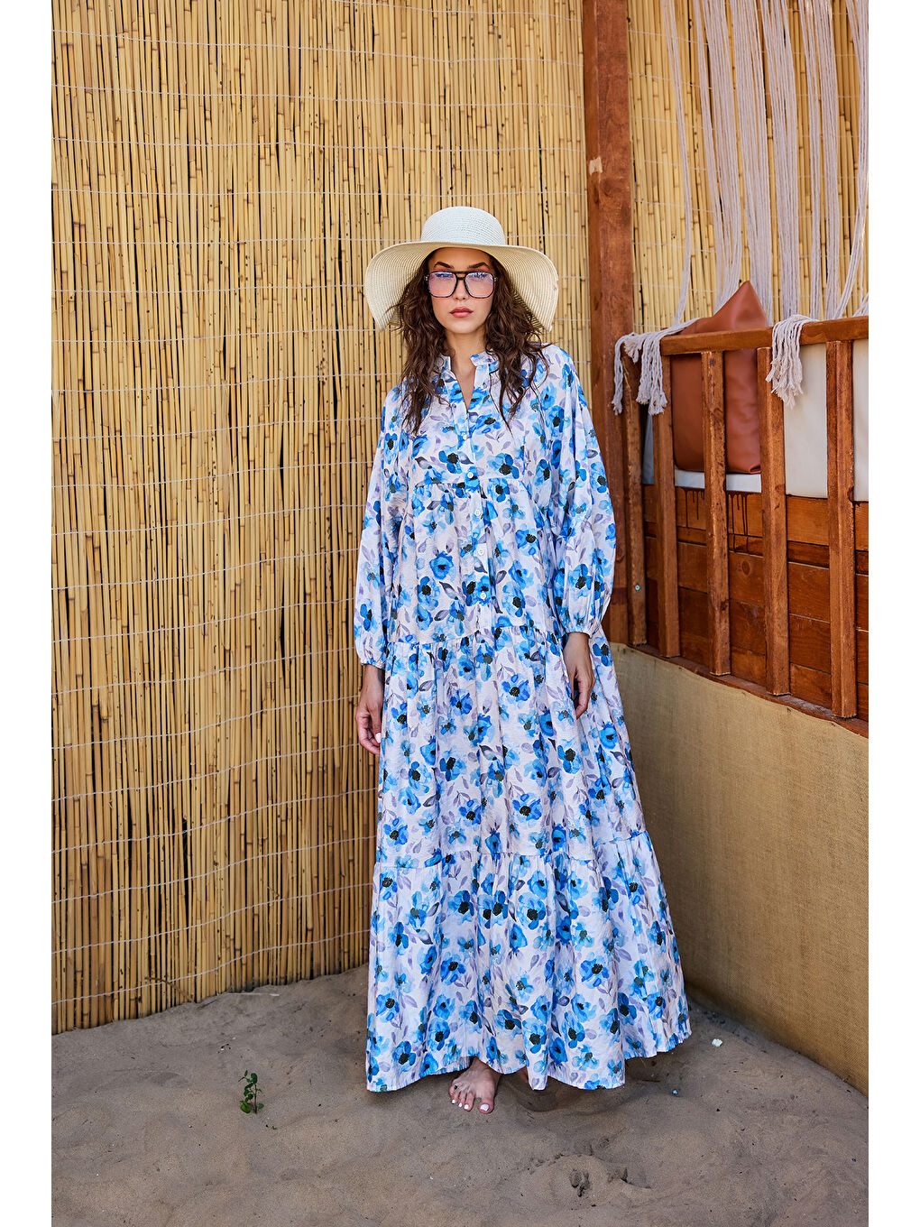 Kadın Etnik Çicek Desenli Elbise Mavi-2