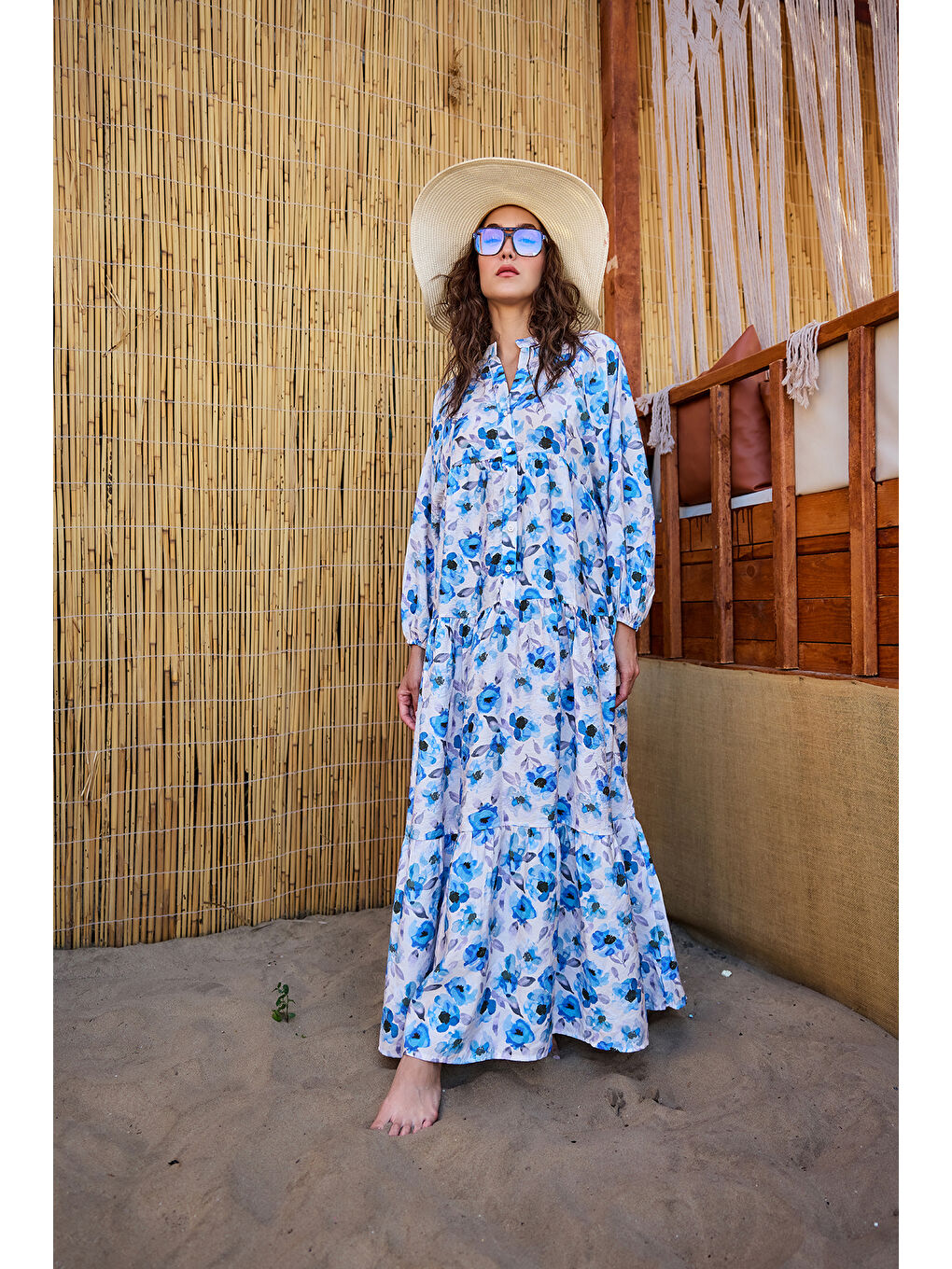 Kadın Etnik Çicek Desenli Elbise Mavi-3