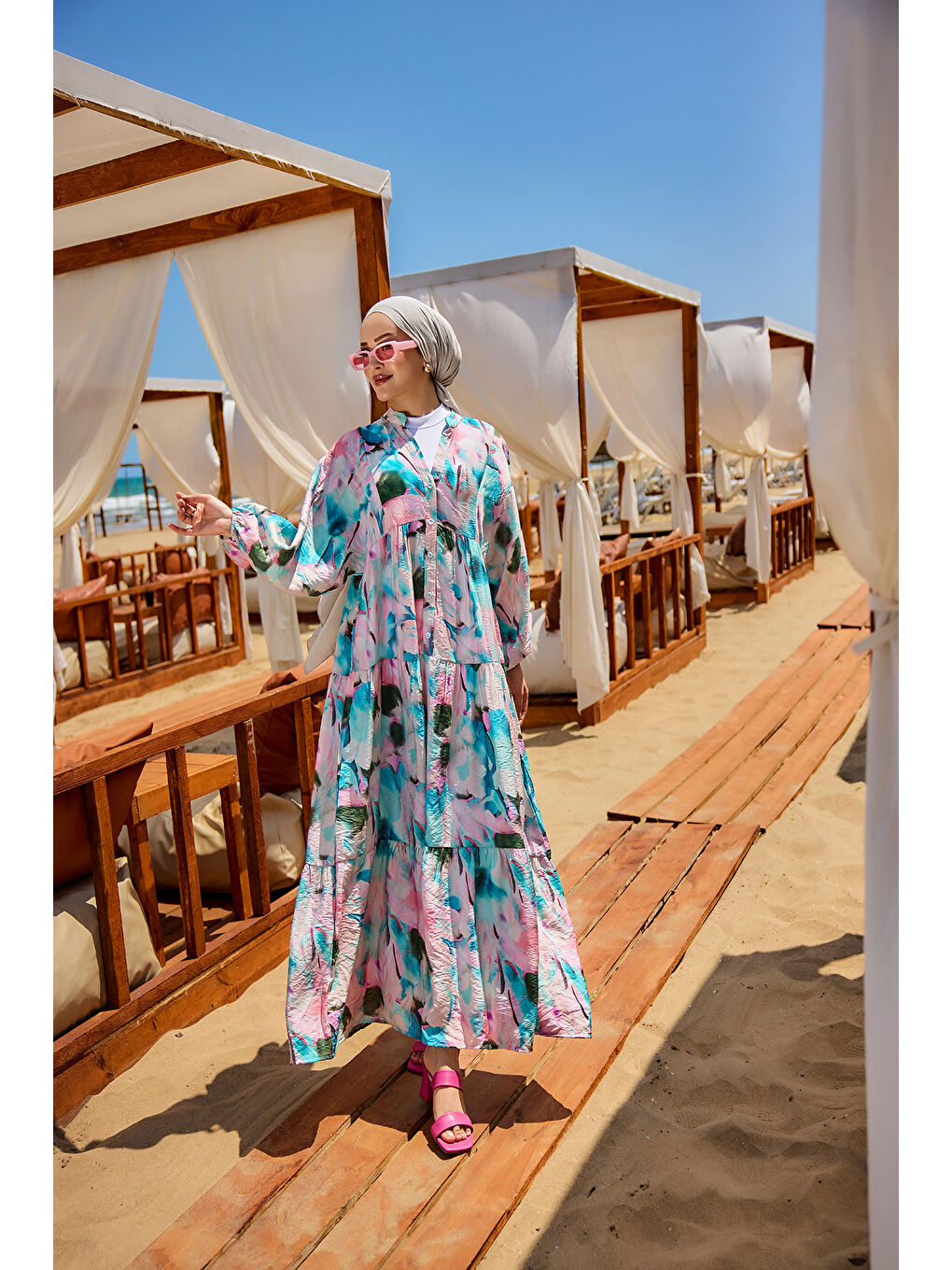 Kadın Karışık Desen Elbise Mavi-4