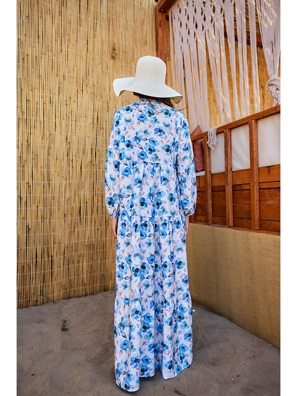 Kadın Etnik Çicek Desenli Elbise Mavi-4