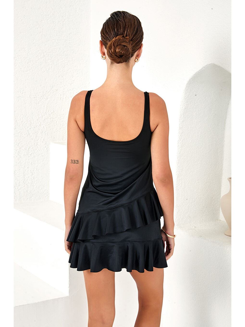 Sıfır Kol Mayo Yüzücü Etekli Mayo 3267 Siyah-4