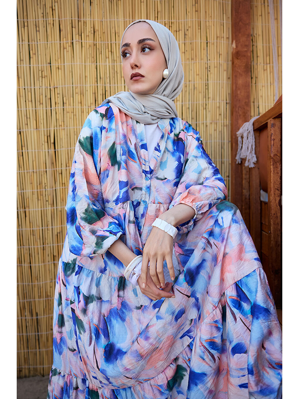 Kadın Karışık Desen Elbise Saks Mavi