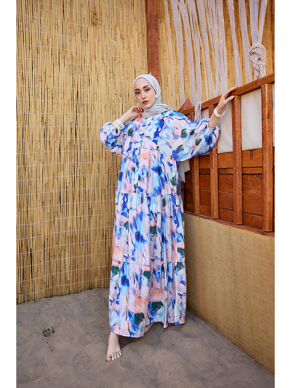 Kadın Karışık Desen Elbise Saks Mavi-2