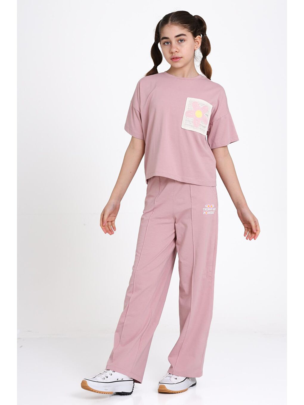 Pembe Gül Kurusu Dantel Cep Detaylı 8-12 Yaş Takım - 2468-3