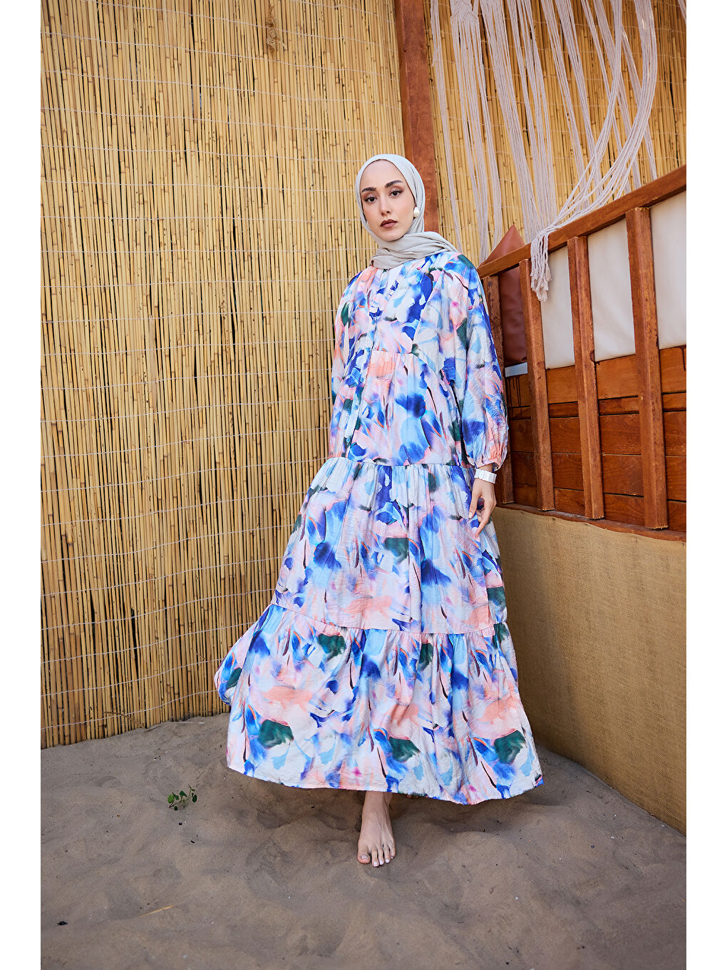 Kadın Karışık Desen Elbise Saks Mavi-3