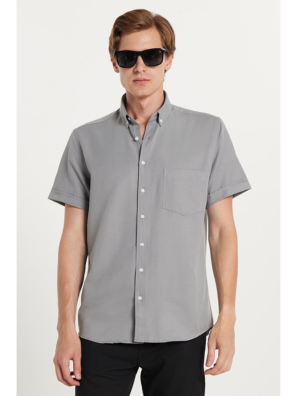 Erkek Klasik Regular Fit Rahat Kesim Düğmeli Spor Yaka Oxford Pamuklu Kısa Kol Gri Gömlek