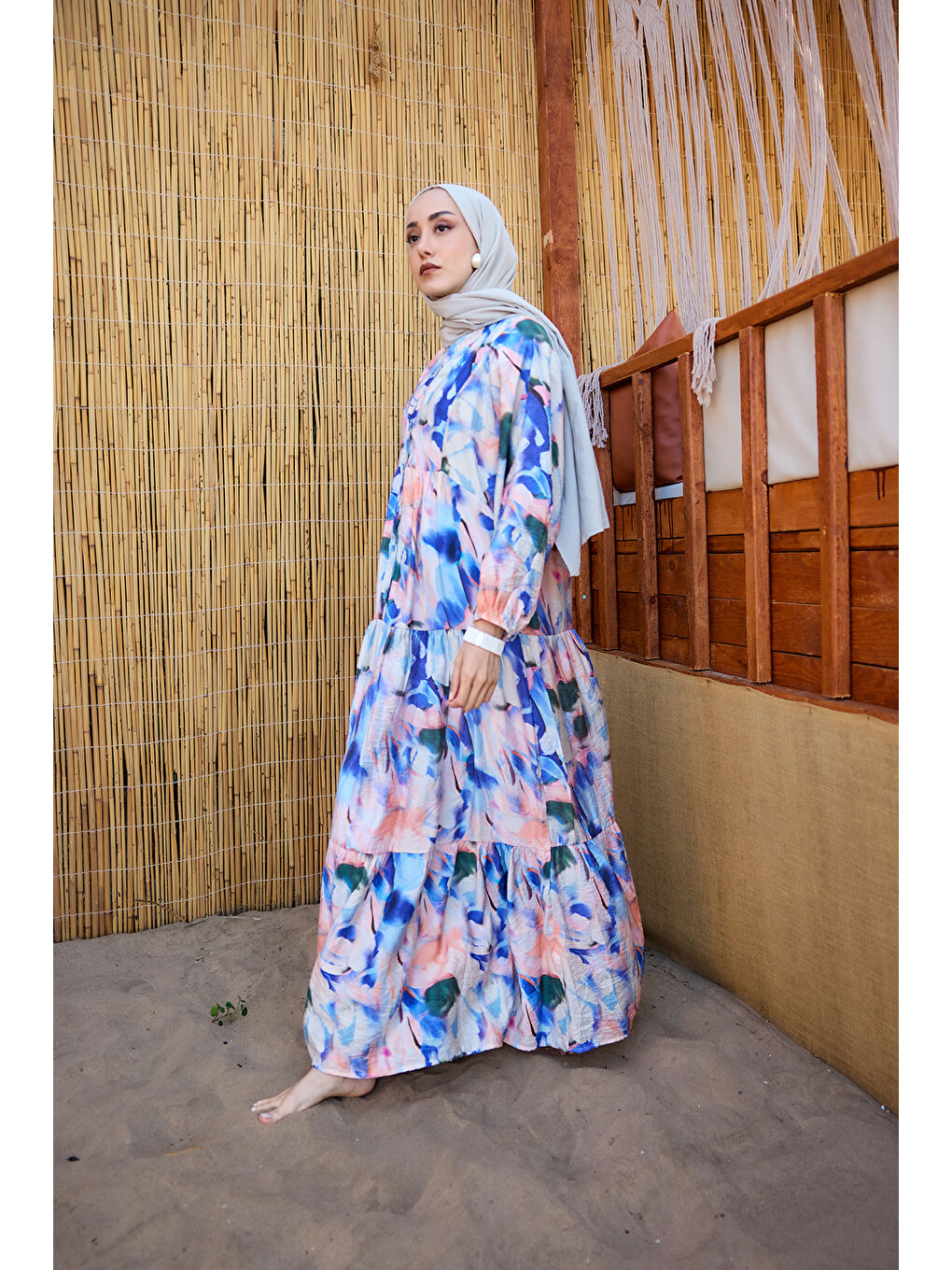 Kadın Karışık Desen Elbise Saks Mavi-4