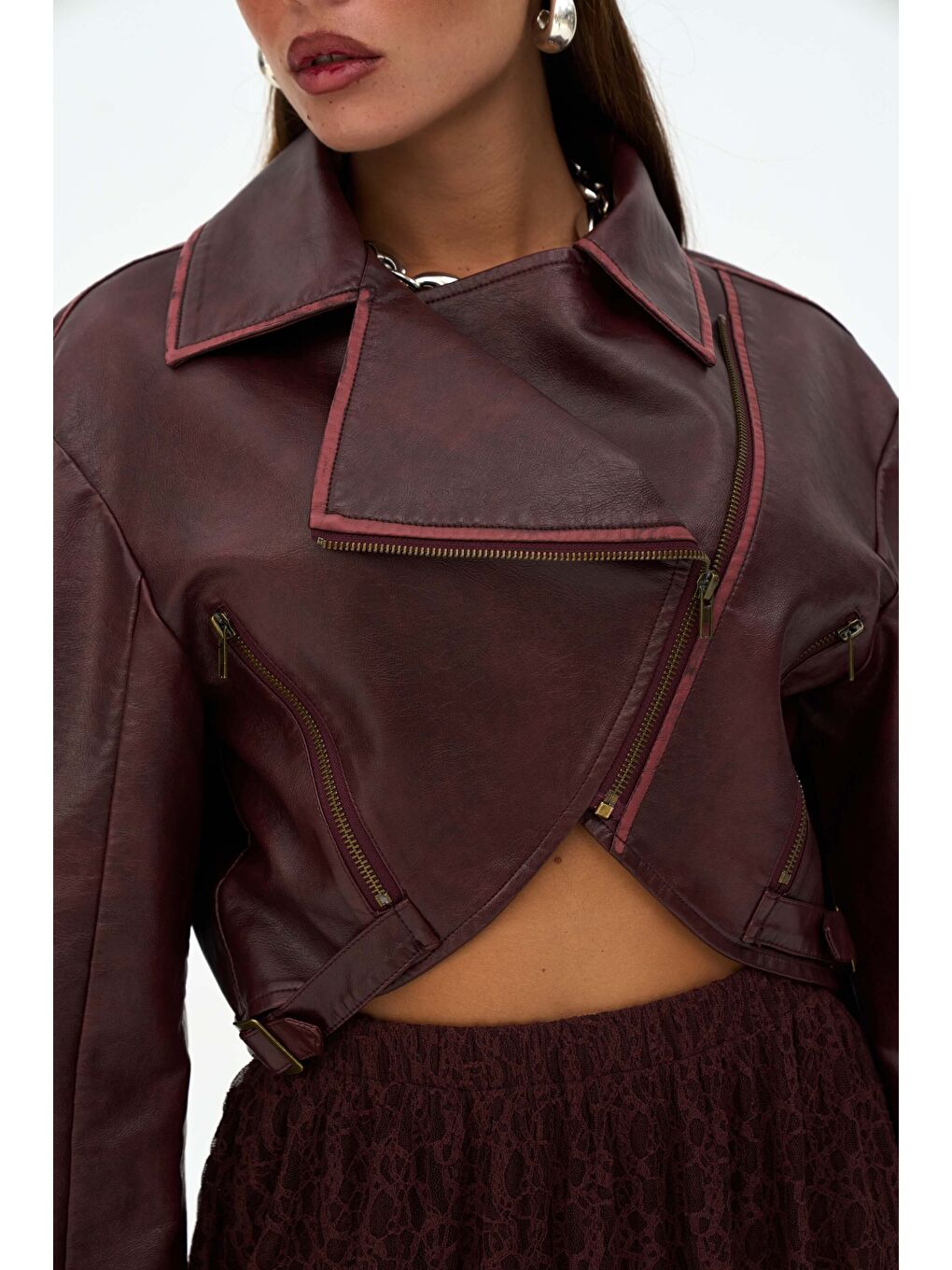 Carnas Asimetrik Bordo Suni Deri Ceket-4