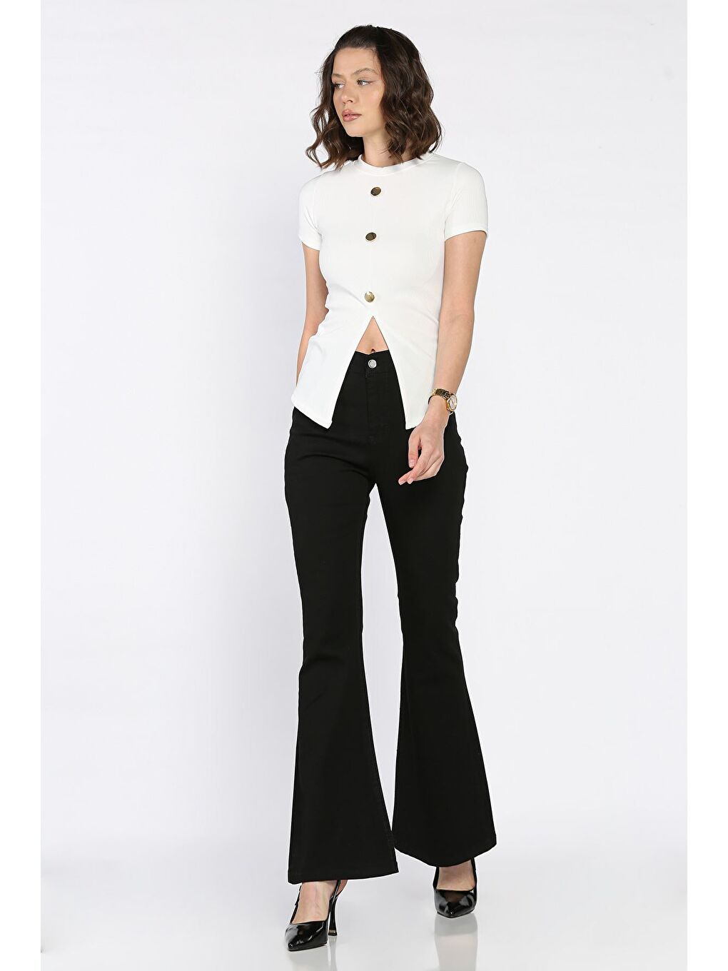 Siyah İspanyol Paça Elastanlı Kadın Gabardin Pantolon-1