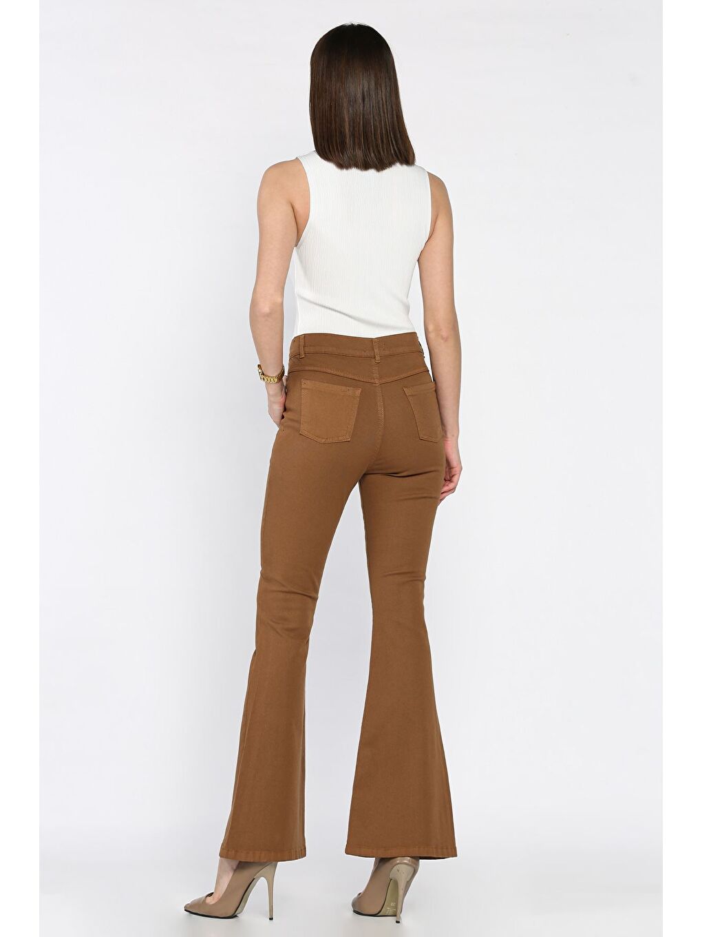 Kahverengi İspanyol Paça Elastanlı Kadın Gabardin Pantolon-2