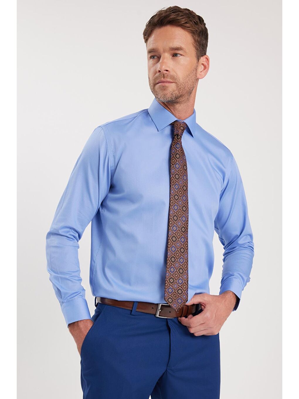 Erkek Regular Fit Mavi Non-Iron Pamuklu Doğa Dostu Ekoteks Belgeli Ütü Gerektirmez Gömlek