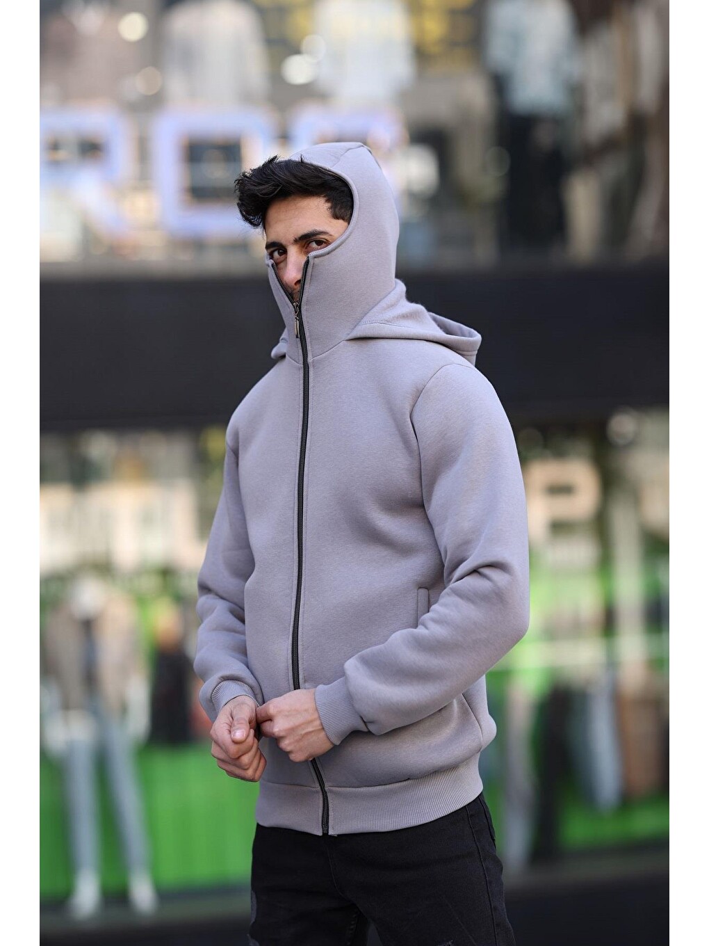 Antrasit Ninja Kar Maskeli Kapüşonlu Üç İplik Pamuklu Fermuarlı Unisex Sweatshirt