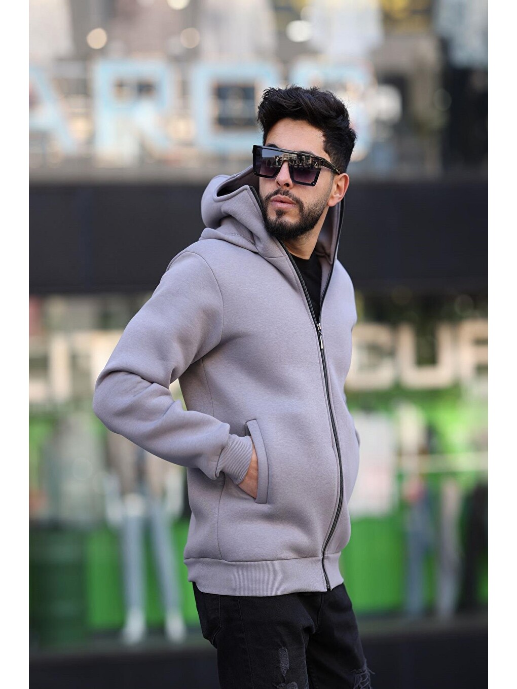 Antrasit Ninja Kar Maskeli Kapüşonlu Üç İplik Pamuklu Fermuarlı Unisex Sweatshirt-2