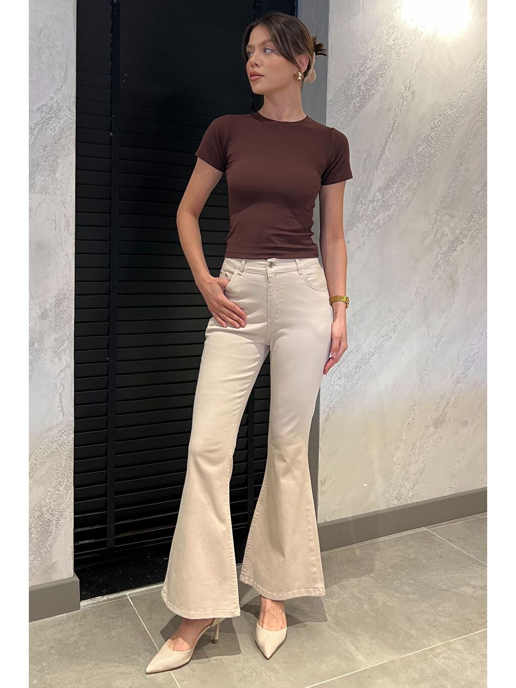 Bej İspanyol Paça Elastanlı Kadın Gabardin Pantolon