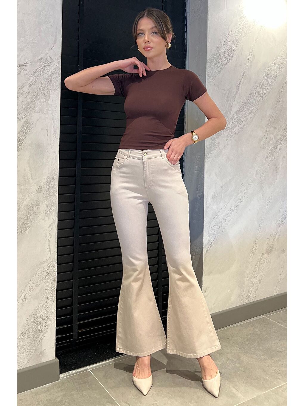 Bej İspanyol Paça Elastanlı Kadın Gabardin Pantolon-1