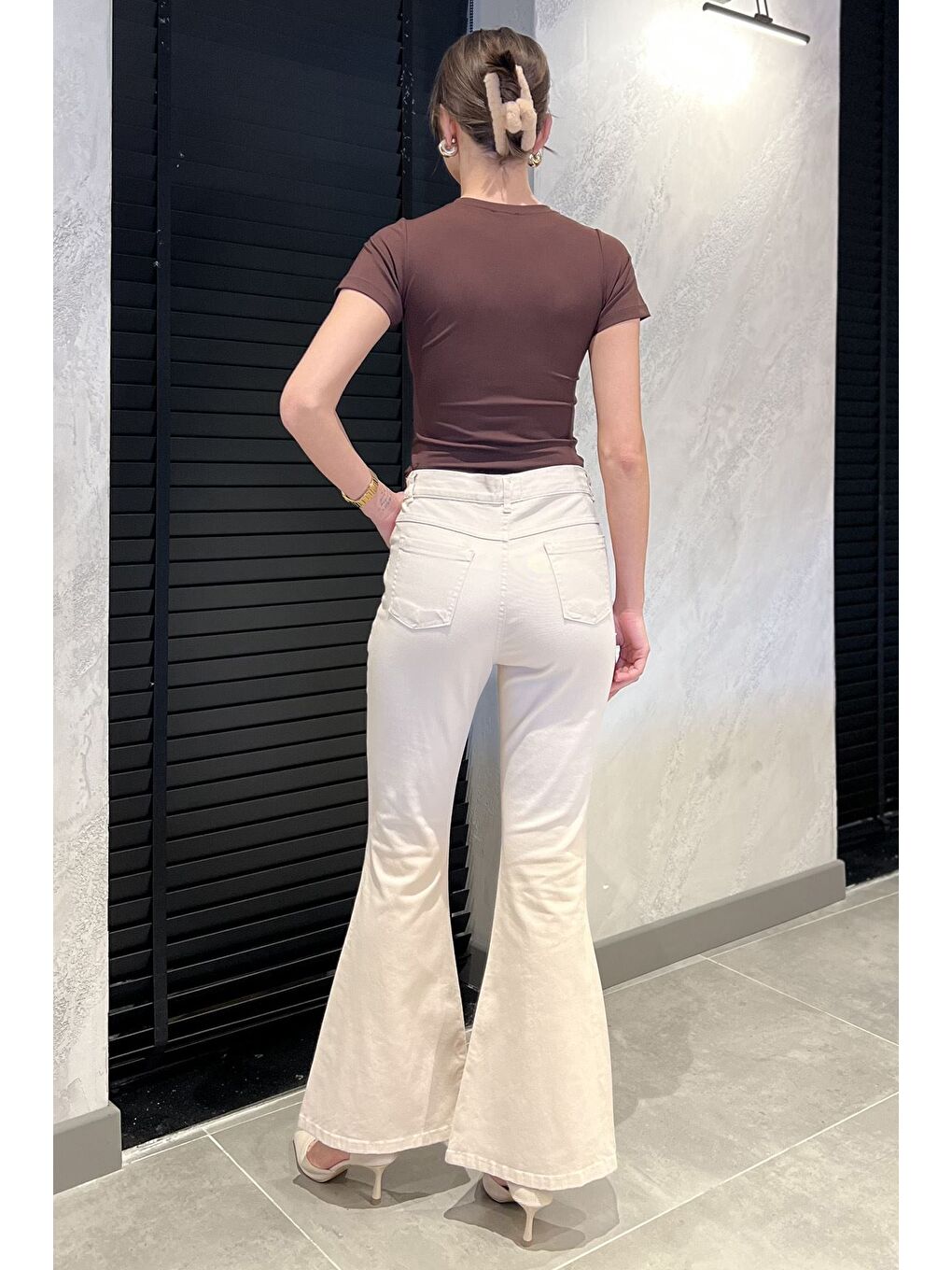 Bej İspanyol Paça Elastanlı Kadın Gabardin Pantolon-2