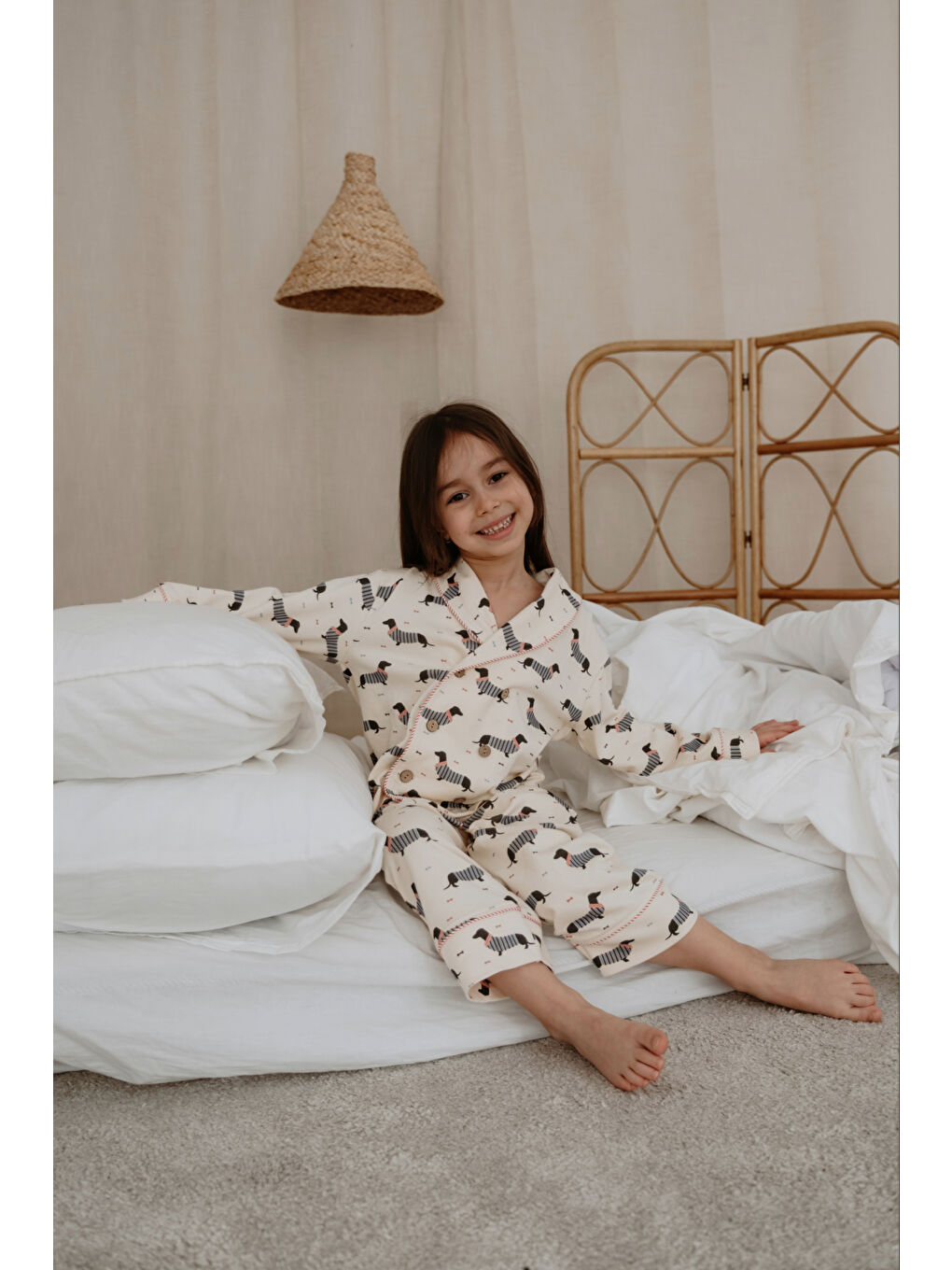 Ekru Köpek Baskılı Yaka Detaylı Çocuk Pijama Takımı-2