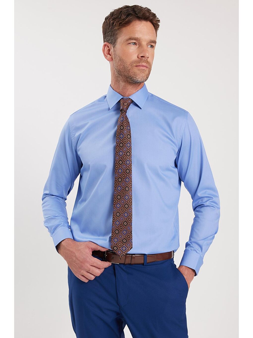 Erkek Regular Fit Mavi Non-Iron Pamuklu Doğa Dostu Ekoteks Belgeli Ütü Gerektirmez Gömlek-4