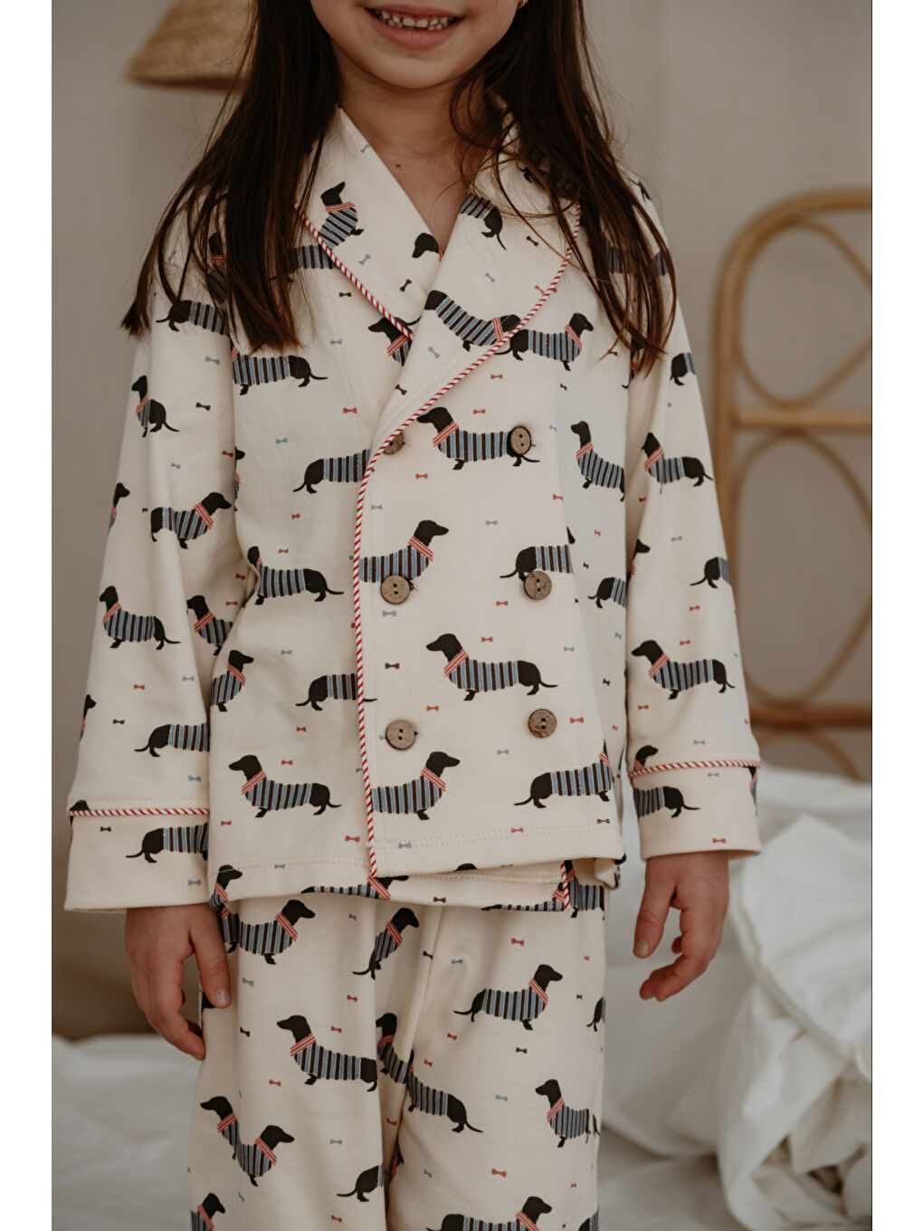 Ekru Köpek Baskılı Yaka Detaylı Çocuk Pijama Takımı-4