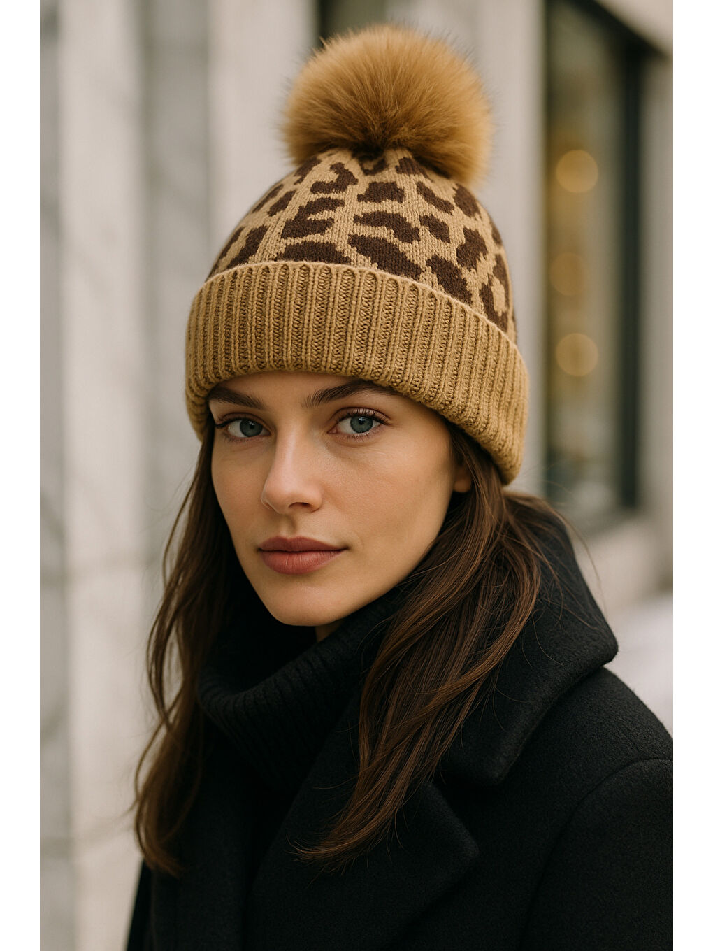 Siyah Kadın Leopar Desenli Ponponlu Yünlü Bere BERE1145-1