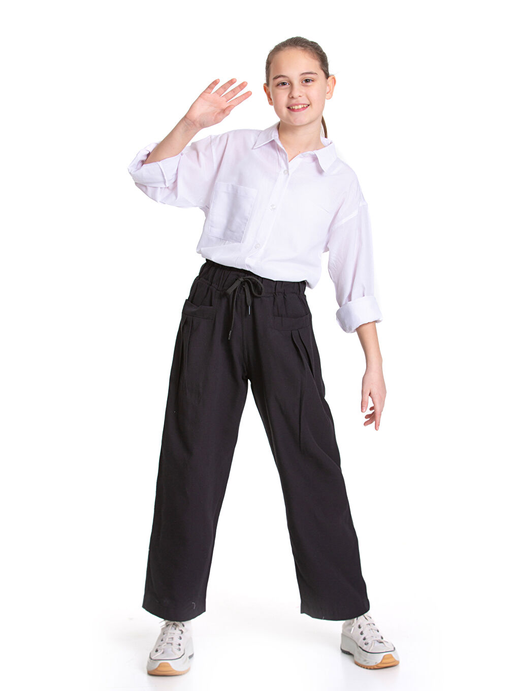 Beyaz Kız Çocuk Gömlek ve Pantolonlu Alt-Üst Takım P1155-2