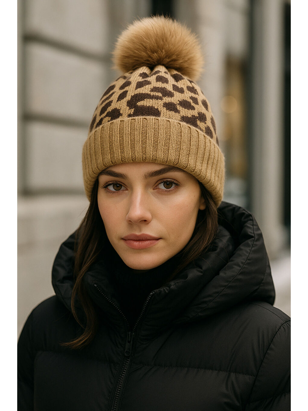 Siyah Kadın Leopar Desenli Ponponlu Yünlü Bere BERE1145-2