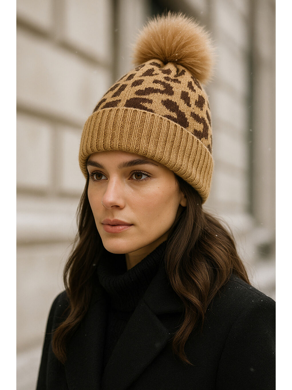 Siyah Kadın Leopar Desenli Ponponlu Yünlü Bere BERE1145-3